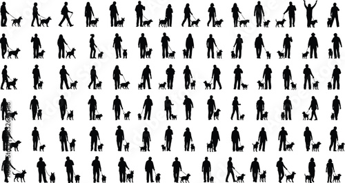 Silhouettes of diverse people walking their dogs, showcasing various breeds and sizes, enjoying outdoor leisure activities, pets companionship, isolated on white background for architecture 