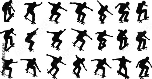 Skateboarder silhouette sequence collection showing extreme action tricks, jumps, and dynamic motion, captured as vector illustrations for sports, youth culture, freedom, and urban