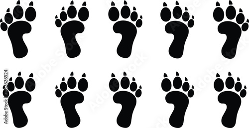 Stylized paw footprint silhouette pattern, black animal-style tracks vector illustration, repeated trail icons for design, decoration, signage, direction graphics, creative artwork