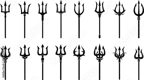 Trident silhouettes set, different shapes, ancient mythological weapon icons, Poseidon's fork, Neptune, devil, and divine power symbols, collection of vector graphics isolated on white background.