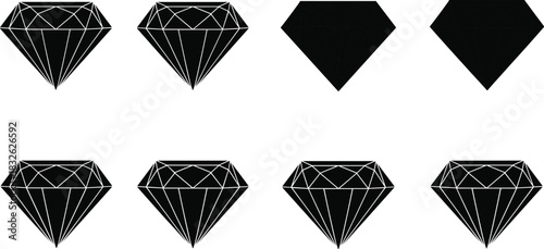 Vector Black Diamond Silhouette Icons Set, Luxury Jewelery Stone Shapes Collection, Brilliant Cut Gemstone, Treasure, and Engraving Symbol, Isolated for Logo and Design Projects.
