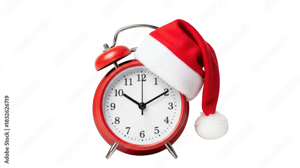 Naklejka premium Red alarm clock with santa hat on black background indicating christmas is coming soon countdown begins on transparent background