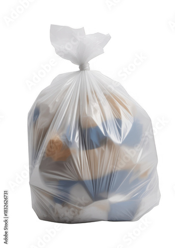 Translucent white plastic trash bag filled with assorted items and tied at the top isolated on a transparent background