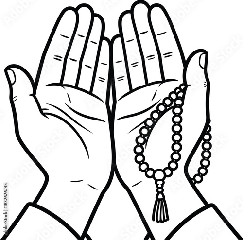 Hands muslim pray icon. human hands praying holding prayer beads or tasbih black and white vector graphic