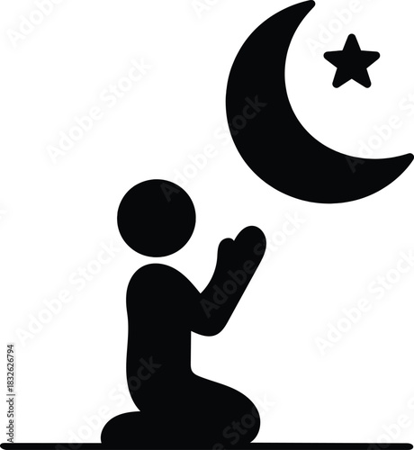 Kneeling person muslim pray icon looking up to crescent moon and star symbol religion faith vector