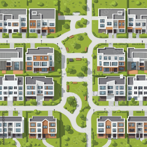 Aerial view of a planned residential community, featuring modern houses, green spaces, and interconnected pathways for a cohesive urban design.