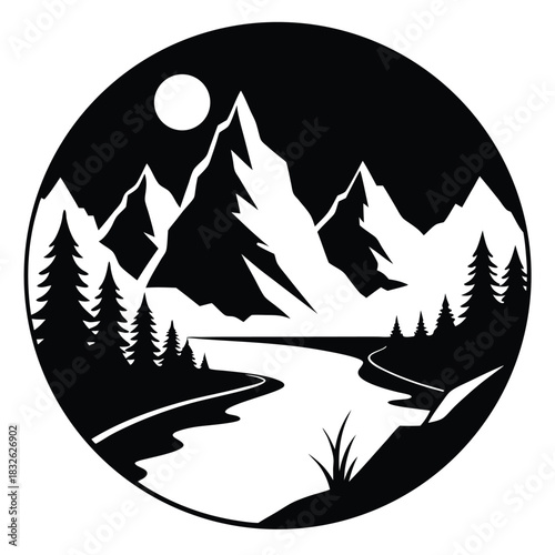 Black and white mountain landscape shows river and forest under the moon inside circle