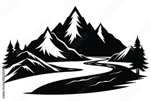 Majestic mountain peaks and flowing river are framed by dense pine trees