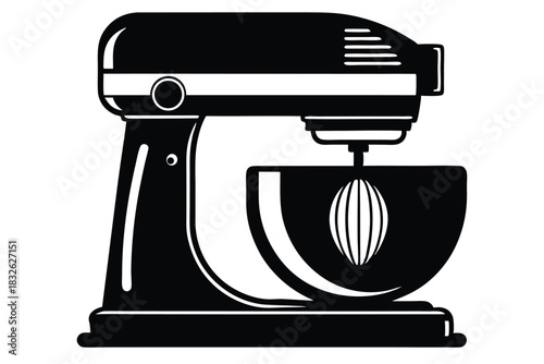 Black stand mixer with a whisk inside the bowl against a white backdrop