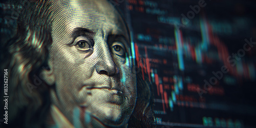 Franklin closeup with digital forex market analytics