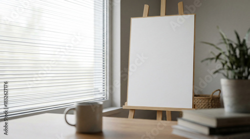 Empty White Canvas on a Wooden Easel, Ready for Creativity in a Bright Room with Window Blinds.