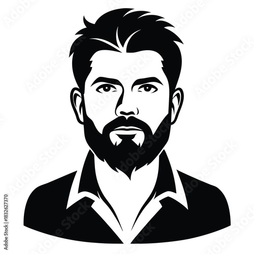 Silhouette depicts a bearded man with modern hairstyle staring forward seriously and confidently