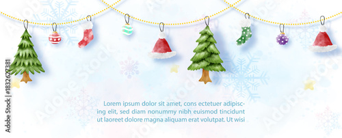 Christmas objects decorated hanging in watercolor style, example texts on blue watercolor and white background. Christmas greeting card in banner and vector design