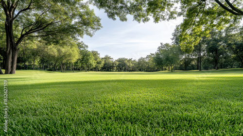Fototapeta Naklejka Na Ścianę i Meble -  Lush green park lawn with sunlit trees and serene open space