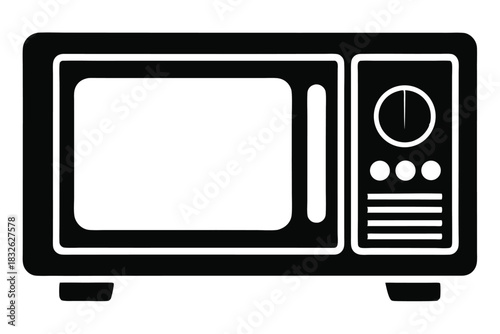 A black microwave with dial and control lines stands against the white background