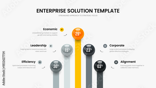 Business Analysis Slide Template Vector Illustration. Professional Strategy Five Option Graph Frame Design. Investor Planning 5 Step Infographic Presentation Layout.