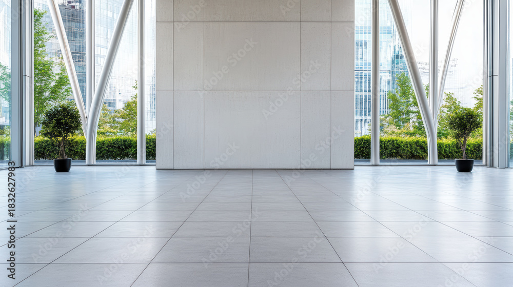 Fototapeta premium Spacious modern lobby with large windows and minimalist tile floor, calm bright atmosphere