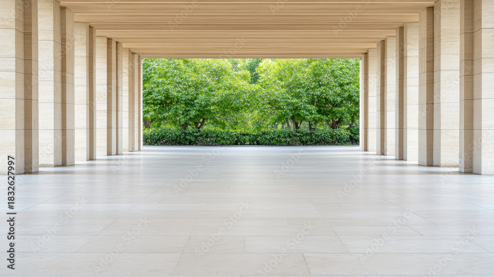 Fototapeta premium Open corridor limestone colonnade minimal architecture framed greenery serene