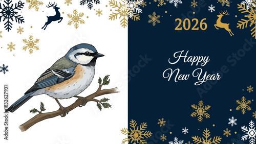 Happy New Year 2026 Festive Blue Tit on Branch with Snowflakes and Reindeer