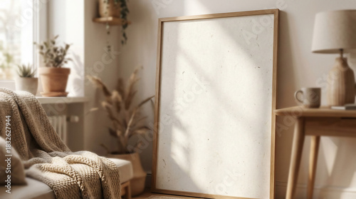 Blank Wooden Frame Leaning Against a Wall in a Cozy Living Room, Illuminated by Natural Sunlight, Creating Soft Shadows