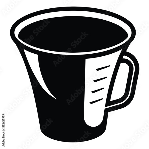 Black measuring cup containing liquid shows measurement markings on a white backdrop