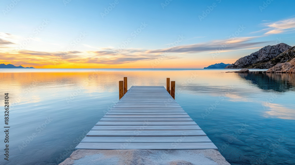 Obraz premium Dock calm lake sunset symmetry soothing horizon