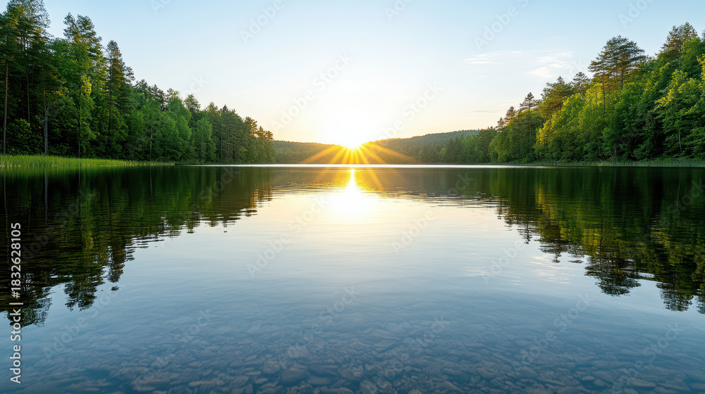 Obraz premium Glass lake sunset reflection forest calm horizon soothing light