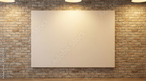 Blank Canvas Illuminated by Warm Overhead Lights, Hanging on a Rustic Brick Wall, Ready for Your Creative Display