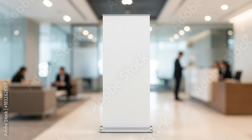 Blank Roll-Up Banner Display, Standing in a Bright, Modern Office Lobby, a Clean Space for Professional Branding and Marketing