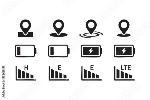 Mobile UI Icons for Battery Levels, Location Pins, and Network Signals