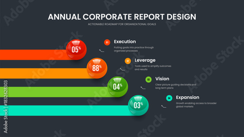 Market Profile Frame Design Vector Illustration. Modern Campaign Four Element Graph Slide Layout. Marketing Solution 4 Step Diagram Presentation Template.