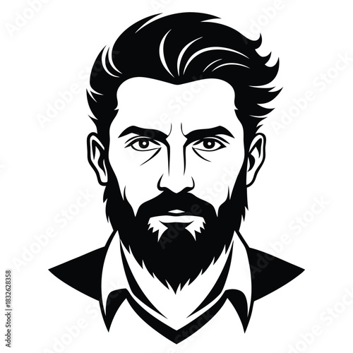 Bearded man wearing suit illustration shows confident face in simple black and white