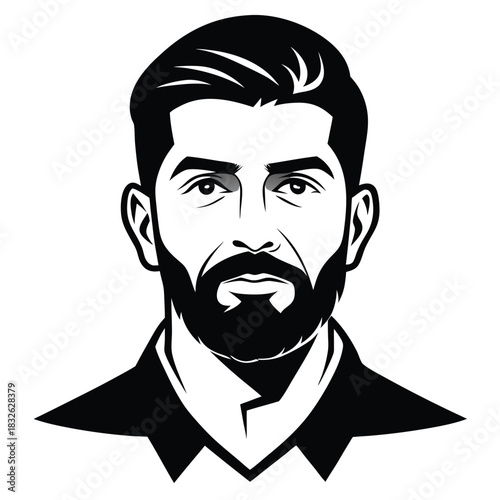 Clean monochrome shows a serious bearded man wearing a stylish suit looking forward