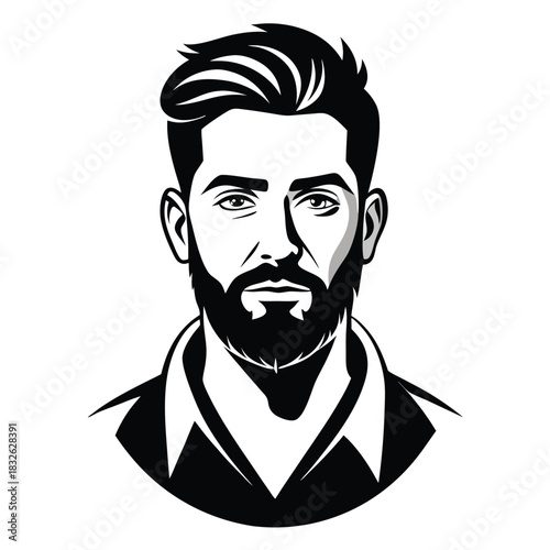 Stylish bearded man with trendy hair and a collared shirt is looking forward