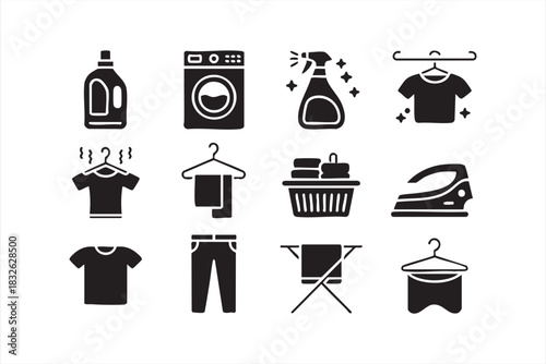 Laundry Basket and Ironing Icons for Fabric and Garment Care