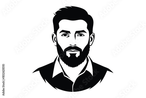 Black and white portrait showcases a bearded man's stern gaze and neat shirt