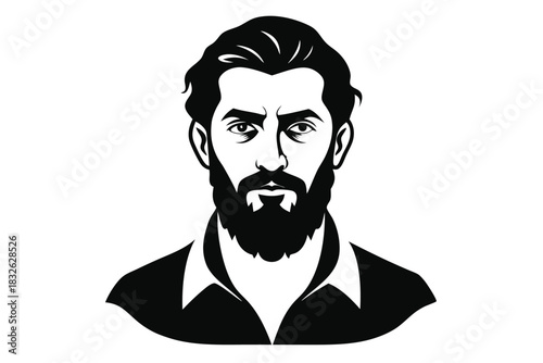 Stern, black and white portrait reveals a handsome, bearded man wearing a shirt