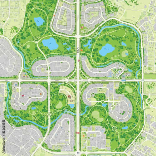 An aerial view showcases a meticulously planned urban landscape with residential areas, parks, and interconnected roads, emphasizing sustainable design.