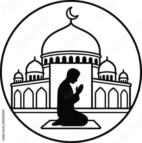 Mosque muslim pray icon. man praying on a mat in front of a mosque building with domes and minarets