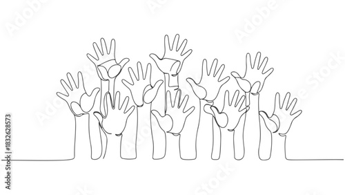 Continuous one line art illustration of many hands raised in a group, symbolizing unity, participation, and a collective call to action