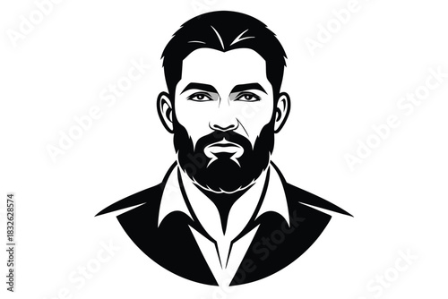 An assertive man with a beard and modern business attire gazes directly forward intensely