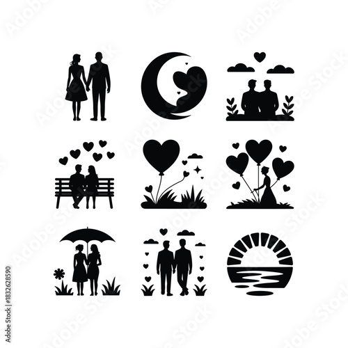 Romantic silhouette illustrations of couples in various loving scenes