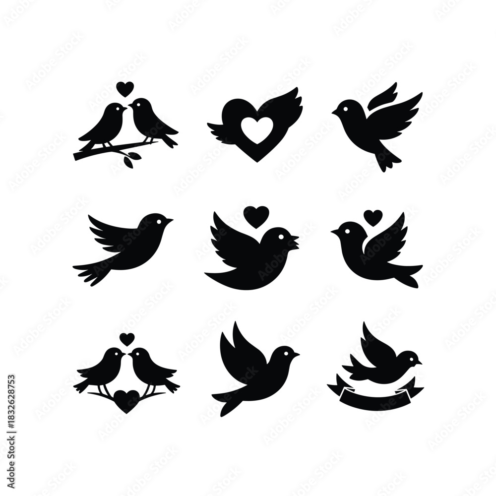 Obraz premium Silhouettes of love birds and hearts symbolizing romance and affection