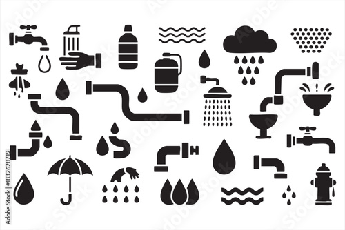 Black and white utility icons for water flow, hygiene, and drainage