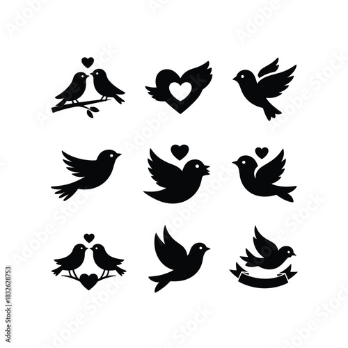 Silhouettes of love birds and hearts symbolizing romance and affection