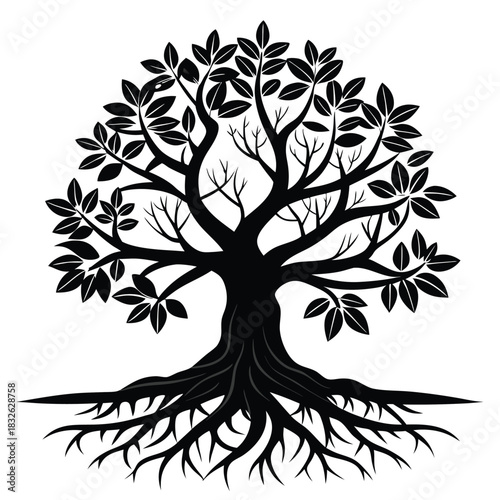 Black silhouette reveals a detailed leafy tree with complex roots reaching outward on white