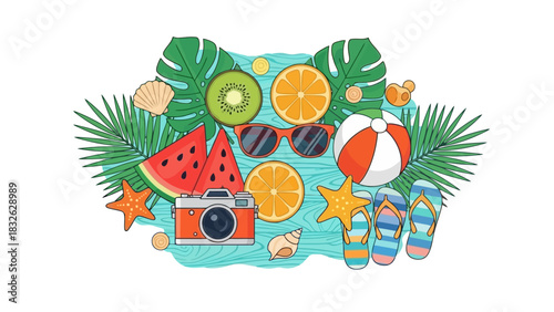 Summer Vacation Essentials Flat Lay of Beach and Holiday Items