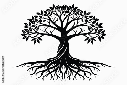 Silhouette shows a detailed black tree with many leafy branches and roots below