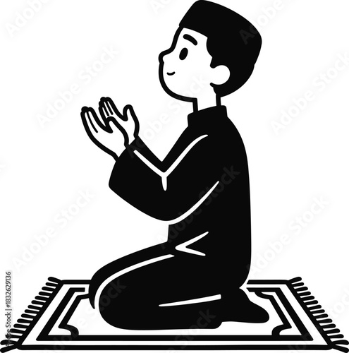 Muslim man in traditional attire praying on prayer mat, depicting devotion during ramadan celebration muslim pray icon