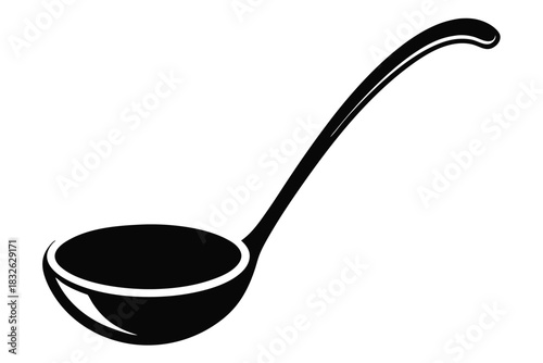A sleek black ladle casts bold shadows, showcasing its polished finish and elegant curve